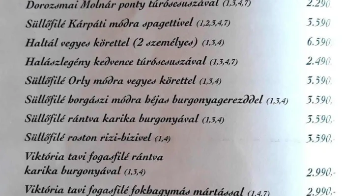 Feher Amur Halaszcsarda Menu - Poroszló