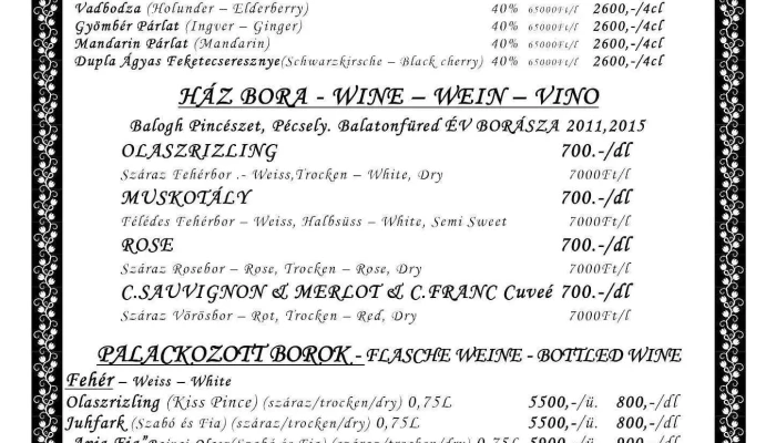 Kecskekorom Csarda Menu - Tihany